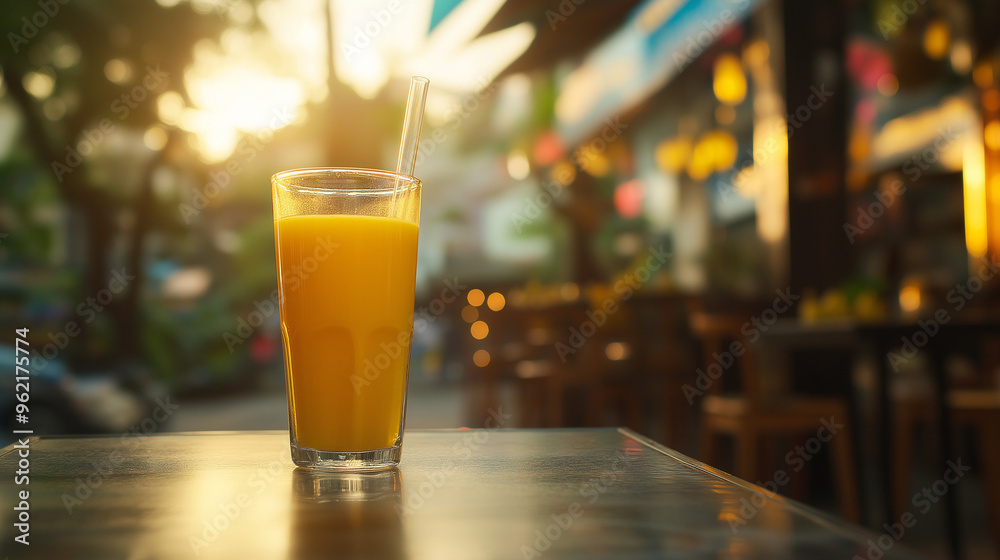 glass of mango juice on the table at cafe glass of mango juice on the table at cafe