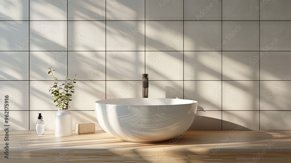 Fototapeta premium A white vanity counter featuring a ceramic washbasin and a modern faucet in a bathroom, illuminated by morning sunlight and shadows. Empty space ideal for product display mockups. Background includes 