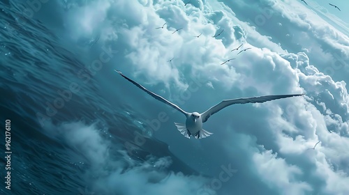 A vast, empty sky with a solitary albatross gliding silently, the ghostly forms of its flock disappearing into the clouds, symbolizing the last journey of its lineage