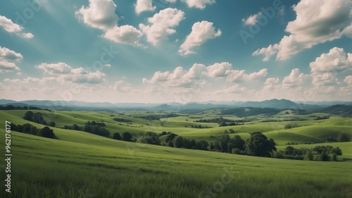 Green Field landscape countryside blue sky clouds Anime Background.