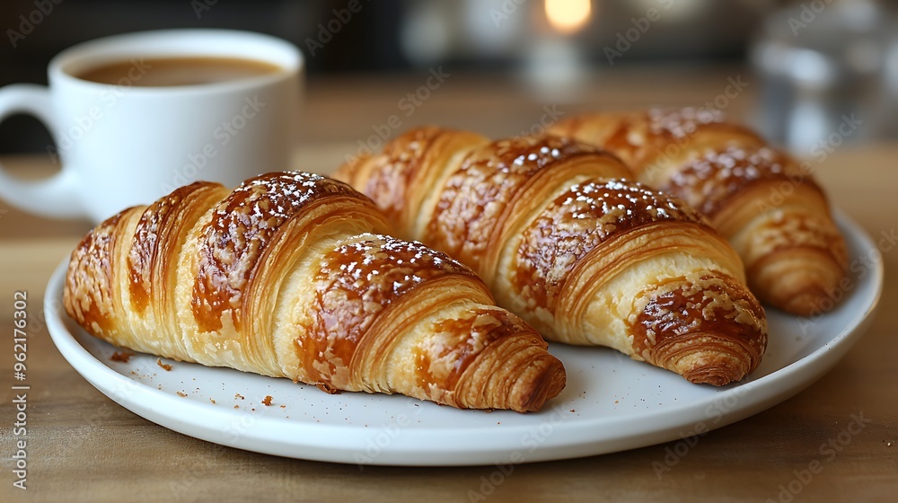 Three freshly baked croissants on a white plate with a cup of coffee in the background. Three freshly baked croissants on a white plate with a cup of coffee in the background.