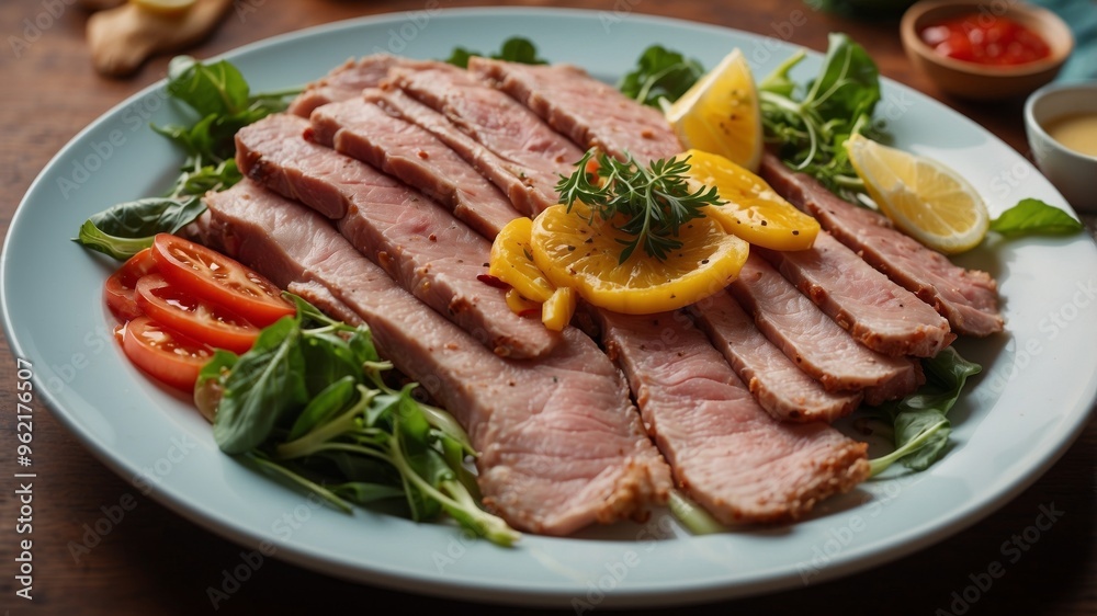 Deliciously Prepared Sliced Meat Dish Served With Fresh Greens and Sauces. Deliciously Prepared Sliced Meat Dish Served With Fresh Greens and Sauces.