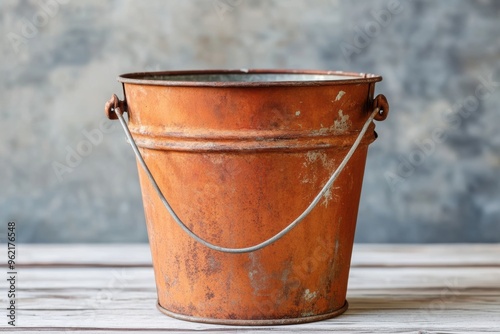 Rustic orange metal bucket on wooden surface