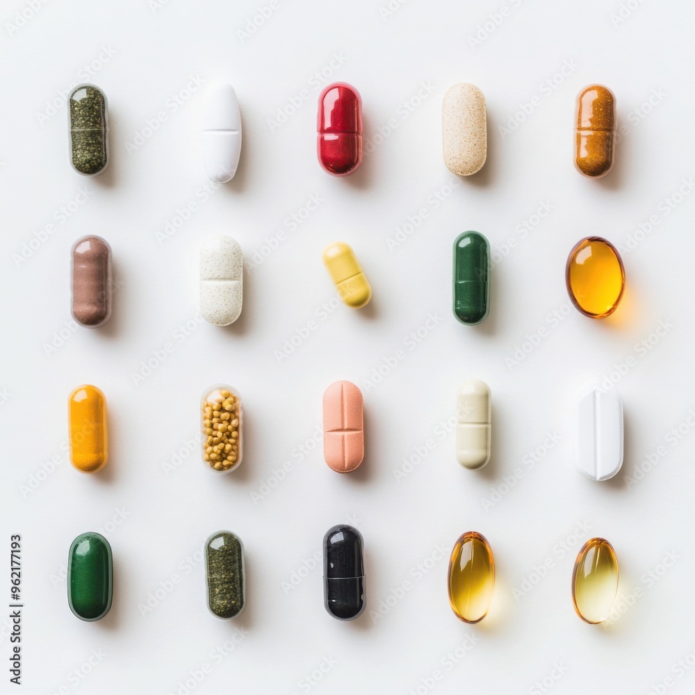 A collection of vitamin supplements in a modern, healthy lifestyle setting, isolated on white background A collection of vitamin supplements in a modern, healthy lifestyle setting, isolated on white background