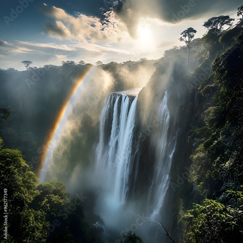 Fototapeta Naklejka Na Ścianę i Meble -  waterfalls in the morning. waterfall in the mountains. mountain waterfall in a forest with background of rainbow.