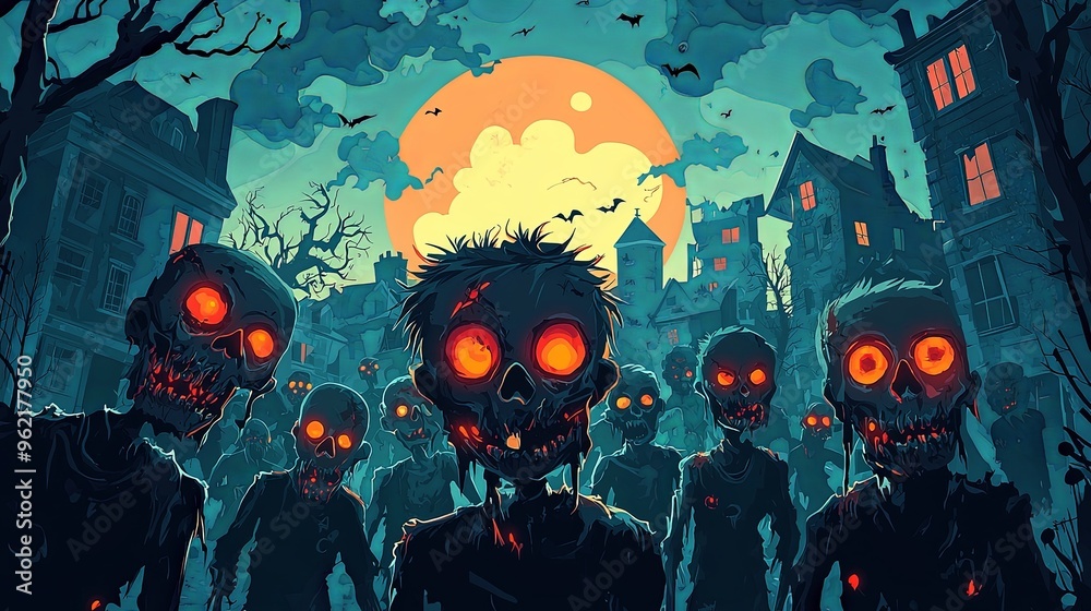 A group of eerie zombies with glowing red eyes gather under a bright full moon, creating a spooky and terrifying atmosphere in a deserted village. A group of eerie zombies with glowing red eyes gather under a bright full moon, creating a spooky and terrifying atmosphere in a deserted village.