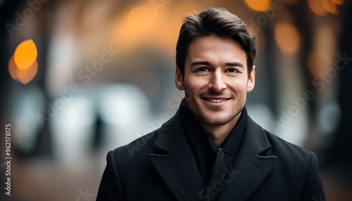 A smiling male wearing a dark coat with a blurred background, showing a friendly atmosphere.