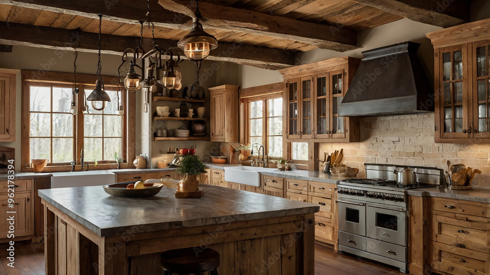 A Warm, Rustic Kitchen With Wooden Beams, Farmhouse-style Cabinets, And Vintage Appliances A Warm, Rustic Kitchen With Wooden Beams, Farmhouse-style Cabinets, And Vintage Appliances