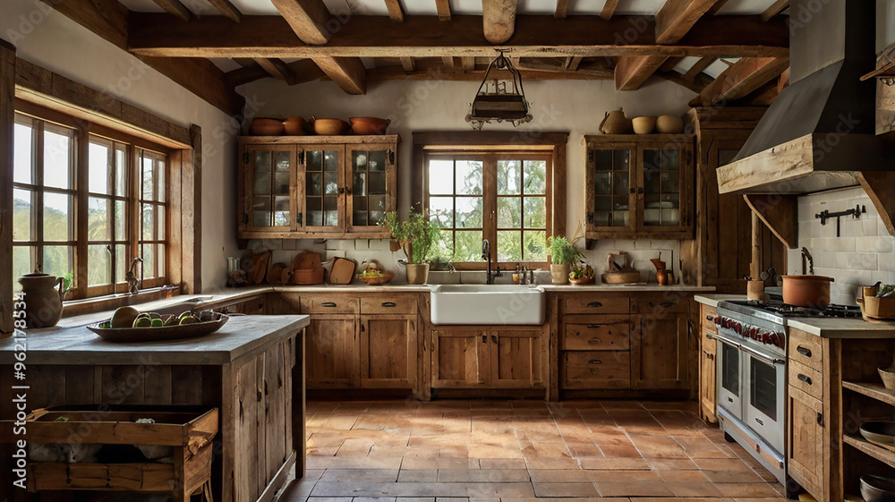 Naklejka premium A Warm, Rustic Kitchen With Wooden Beams, Farmhouse-style Cabinets, And Vintage Appliances