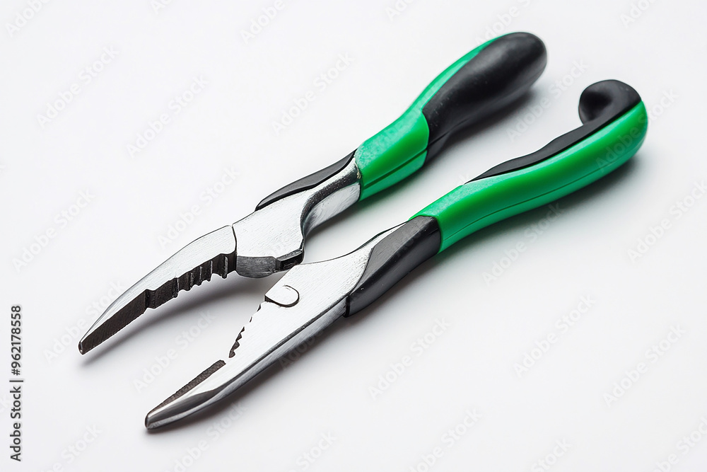 Pliers with a green and black handle, isolated on a white background Pliers with a green and black handle, isolated on a white background