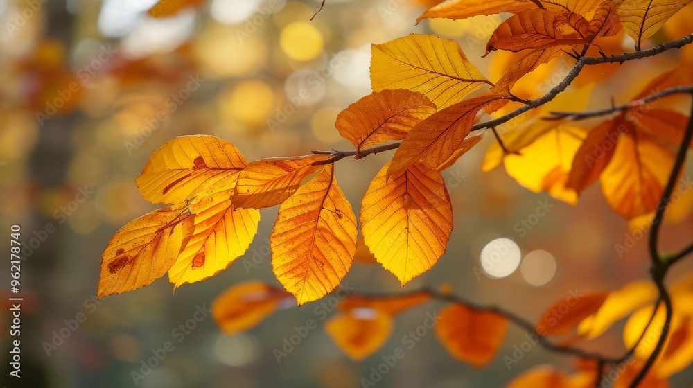 A branch adorned with vibrant yellow and orange autumn leaves is illuminated by warm sunlight, creating a picturesque representation of the fall season. The image captures the serene beauty of nature A branch adorned with vibrant yellow and orange autumn leaves is illuminated by warm sunlight, creating a picturesque representation of the fall season. The image captures the serene beauty of nature