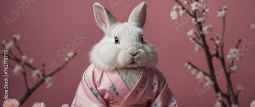 White rabbit wearing a kimono on pink background. photo