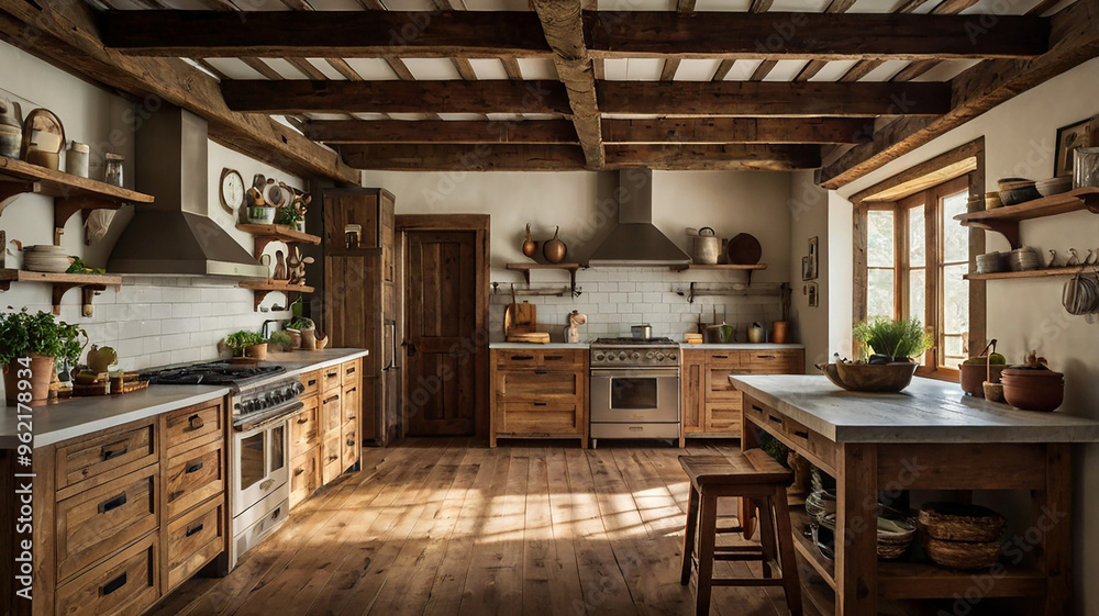 A Warm, Rustic Kitchen With Wooden Beams, Farmhouse-style Cabinets, And Vintage Appliances A Warm, Rustic Kitchen With Wooden Beams, Farmhouse-style Cabinets, And Vintage Appliances