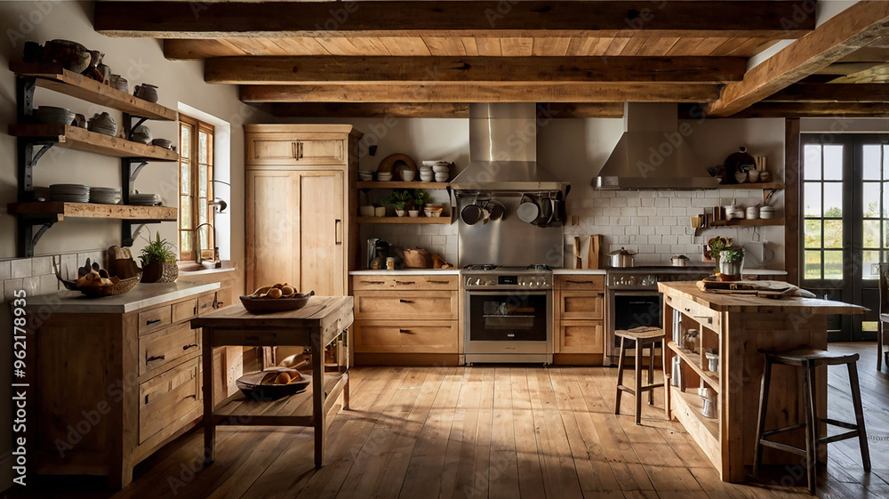 A Warm, Rustic Kitchen With Wooden Beams, Farmhouse-style Cabinets, And Vintage Appliances A Warm, Rustic Kitchen With Wooden Beams, Farmhouse-style Cabinets, And Vintage Appliances