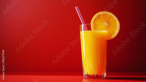 glass of orange juice isolated on red background photo