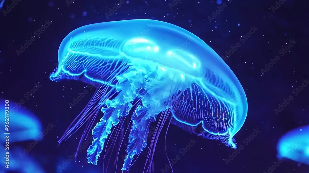 a close-up jellyfish amidst other jellyfish in a dimly lit environment, with a prominent jellyfish in the foreground a close-up jellyfish amidst other jellyfish in a dimly lit environment, with a prominent jellyfish in the foreground