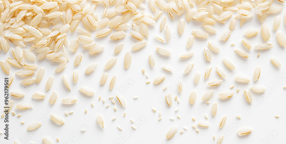 Obraz premium Pockets of early rice grains scattered on a white background