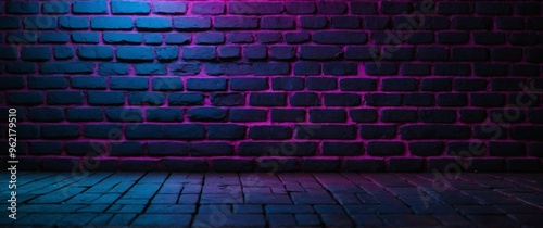 black brick wall background with neon lighting effect pink purple and blue glowing lights on empty brick wall background. photo