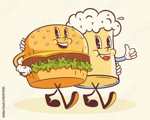 Groovy Burger and Beer Retro Character Illustration. Cartoon Hamburger and Glass Mug Walking Smiling Vector Food Mascot Template Happy Vintage Cool Fast Food Rubber Hose Style Drawing Isolated
