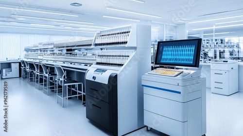 Laboratory scene with advanced genomic sequencing machines, future of biotechnology, gene sequencing tools photo