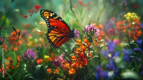 Orange monarch butterfly climbing a sprig of colorful flowers in a garden, with detailed textures of the butterflya??s wings and the flowers captured in high-definition