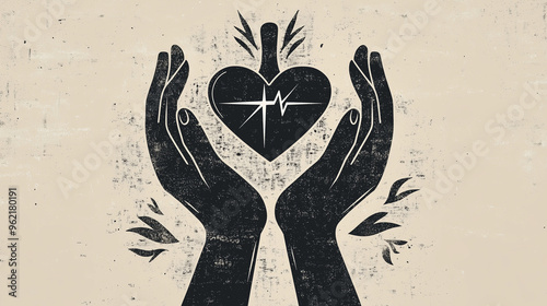 A stylized illustration of hands cradling a heart with a heartbeat symbol, representing care, health, and compassion.