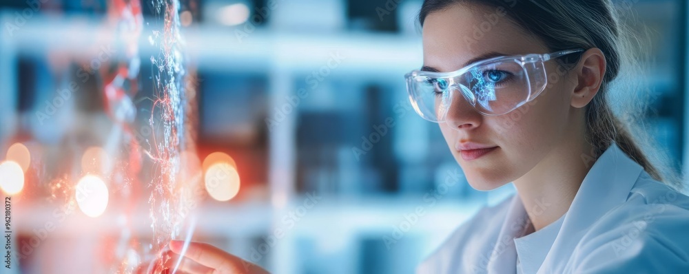 Scientist using a holographic display to visualize protein folding, structural genomics, biotechnology tools Scientist using a holographic display to visualize protein folding, structural genomics, biotechnology tools