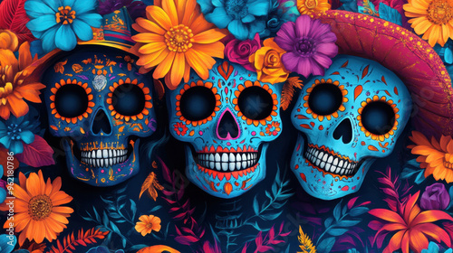 Colorful Day of the Dead celebration with decorative sugar skulls and vibrant flowers, showcasing Mexican cultural artistry.
