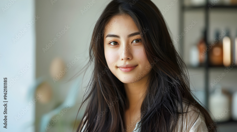 pretty asian woman with long shiny hair make up posing in beauty parlor pretty asian woman with long shiny hair make up posing in beauty parlor