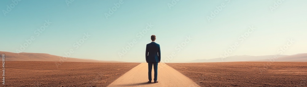 Person standing at a crossroads, deciding which path to take for a new beginning Person standing at a crossroads, deciding which path to take for a new beginning