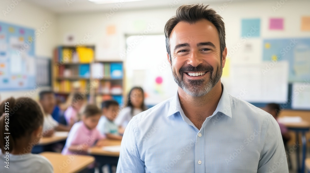 Male school teacher in a neat outfit, standing in a bright classroom, smiling at students.Back to school concept. Male school teacher in a neat outfit, standing in a bright classroom, smiling at students.Back to school concept.