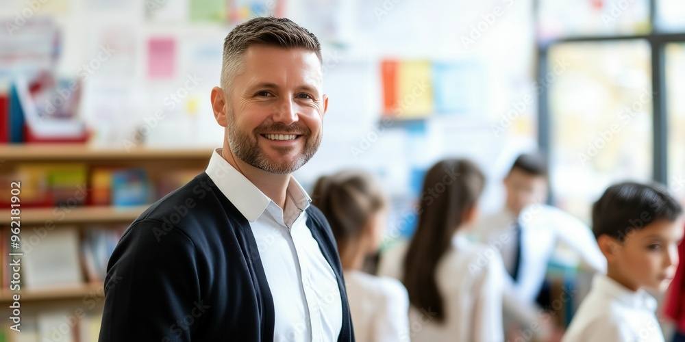 Male school teacher in a neat outfit, standing in a bright classroom, smiling at students.Back to school concept.