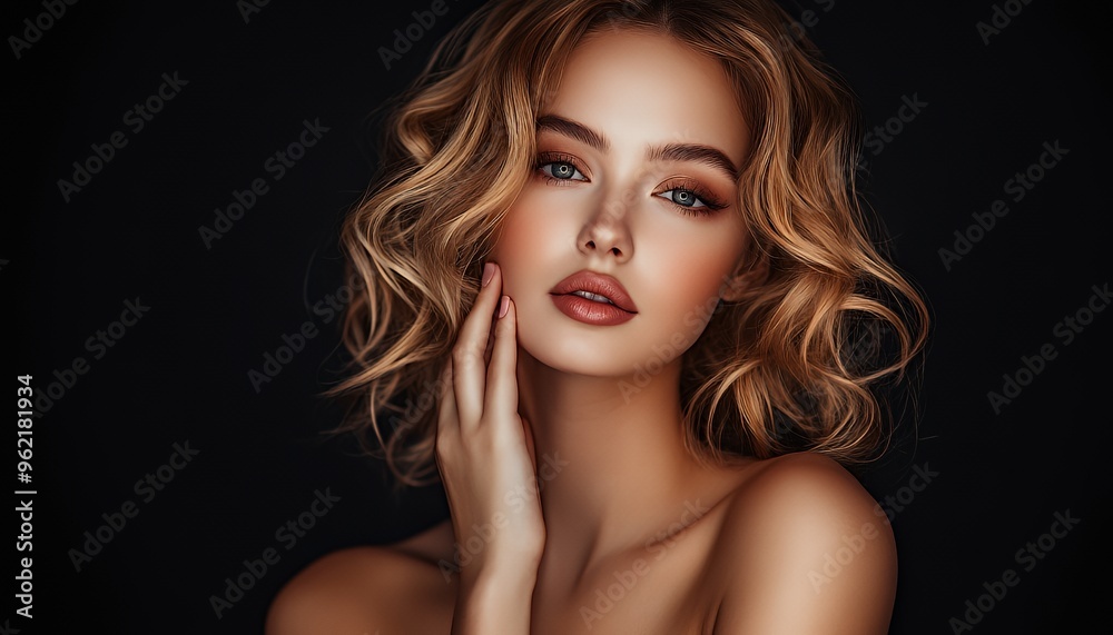 Beautiful woman with blonde wavy hair and natural makeup looking at the camera. Beautiful woman with blonde wavy hair and natural makeup looking at the camera.