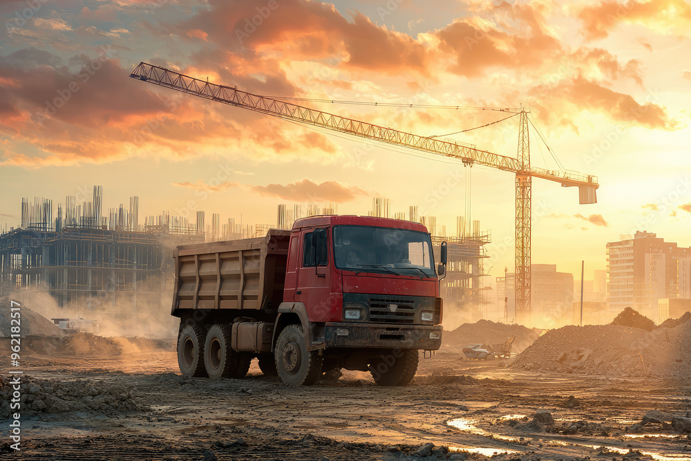 A construction truck stands poised on a dusty site, a towering crane reaching towards a fiery sunset, promising a new era of urban growth. A construction truck stands poised on a dusty site, a towering crane reaching towards a fiery sunset, promising a new era of urban growth.