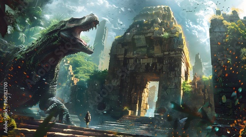 Fantastical ruins with enchanted creatures exploring ancient ruins