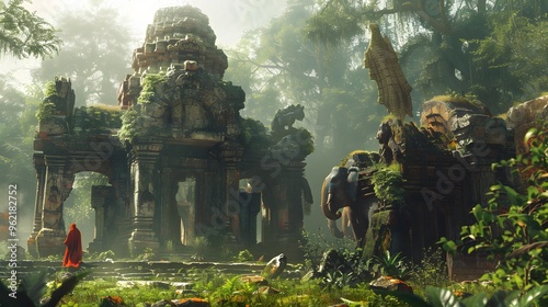 Fantastical ruins with enchanted creatures exploring ancient ruins