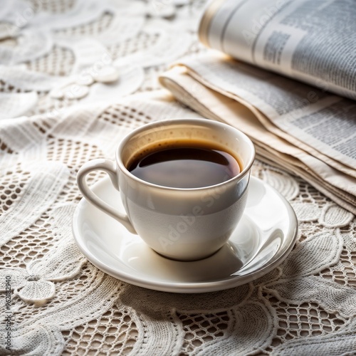 Cup of black coffee on a saucer next to an open newspaper on a lace tablecloth