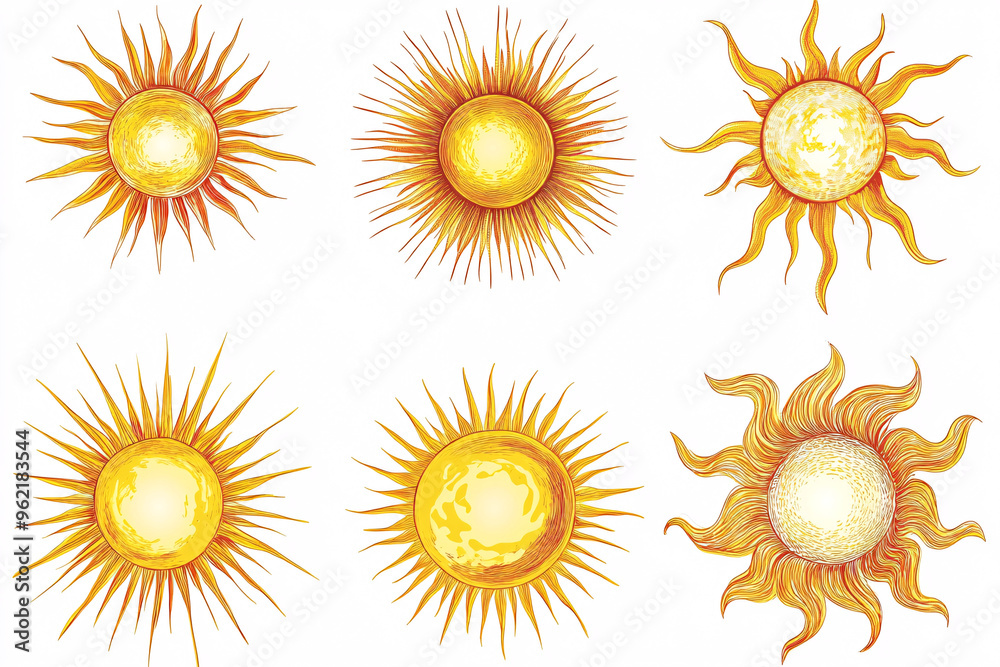 collection of six hand-drawn sun icons in varying styles featuring rays and artistic designs against a white background collection of six hand-drawn sun icons in varying styles featuring rays and artistic designs against a white background