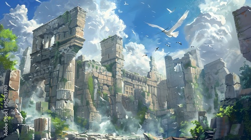 Fantastical ruins with magical creatures flying above ancient structures