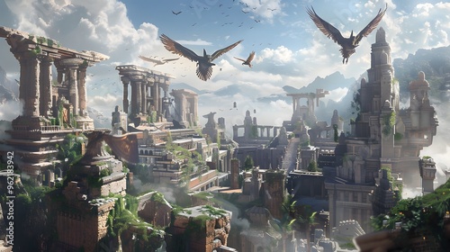 Fantastical ruins with magical creatures flying above ancient structures