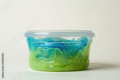 Clear plastic container with green and blue slime partly open lid on a plain background photo