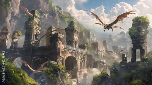 Fantastical ruins with magical creatures flying above ancient structures