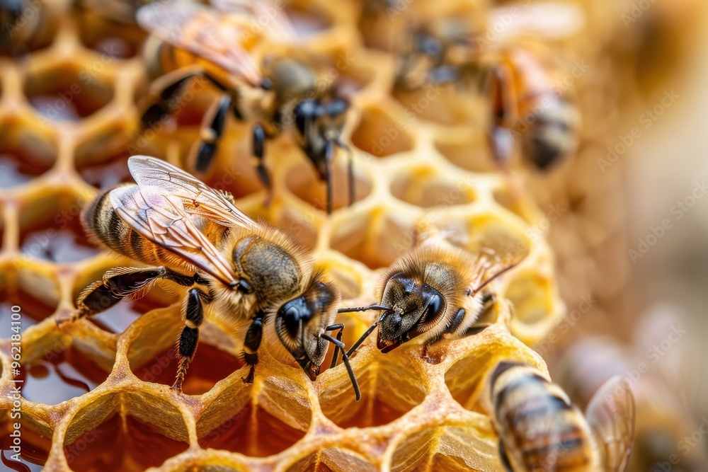 Close up of bees on honeycomb beekeeping and honey production Close up of bees on honeycomb beekeeping and honey production