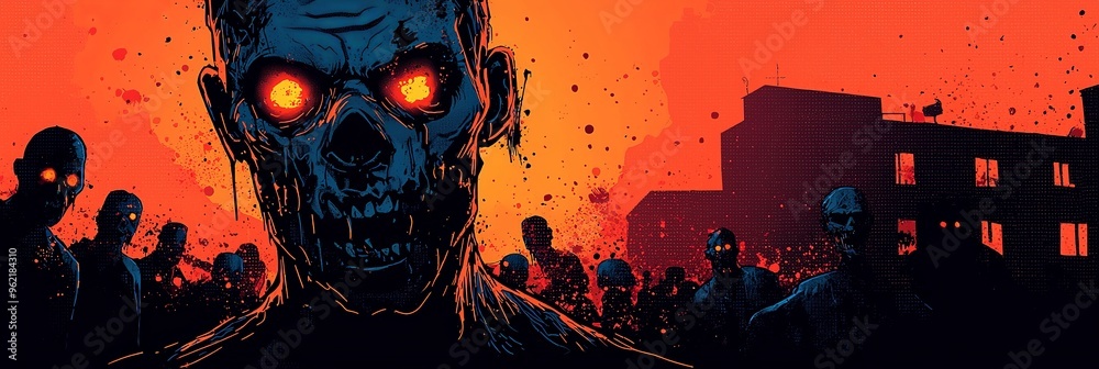 A group of eerie zombies with bright, glowing eyes stand menacingly against a dark, blood-red sky, creating a chilling and horrifying atmosphere. A group of eerie zombies with bright, glowing eyes stand menacingly against a dark, blood-red sky, creating a chilling and horrifying atmosphere.