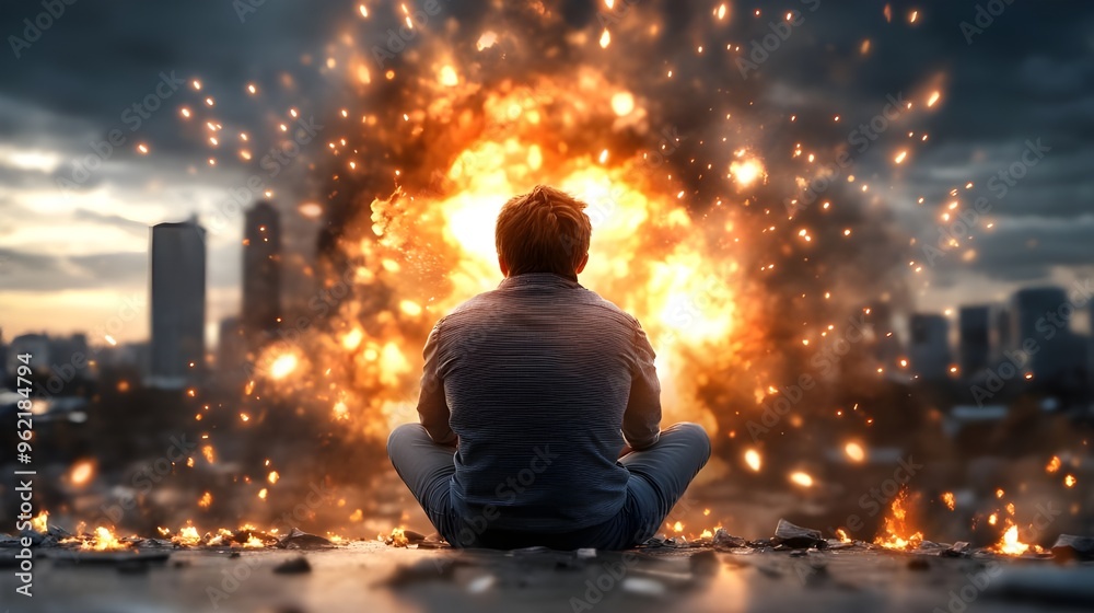 Apocalyptic Scene with Man Observing Ruined Buildings and Fiery Explosion in the Sky Apocalyptic Scene with Man Observing Ruined Buildings and Fiery Explosion in the Sky