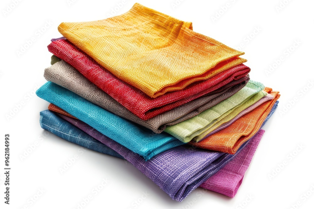 Colorful dish towels with shadow isolated on white Multi colored linen napkins for restaurant Mock up design Top view close up Colorful dish towels with shadow isolated on white Multi colored linen napkins for restaurant Mock up design Top view close up