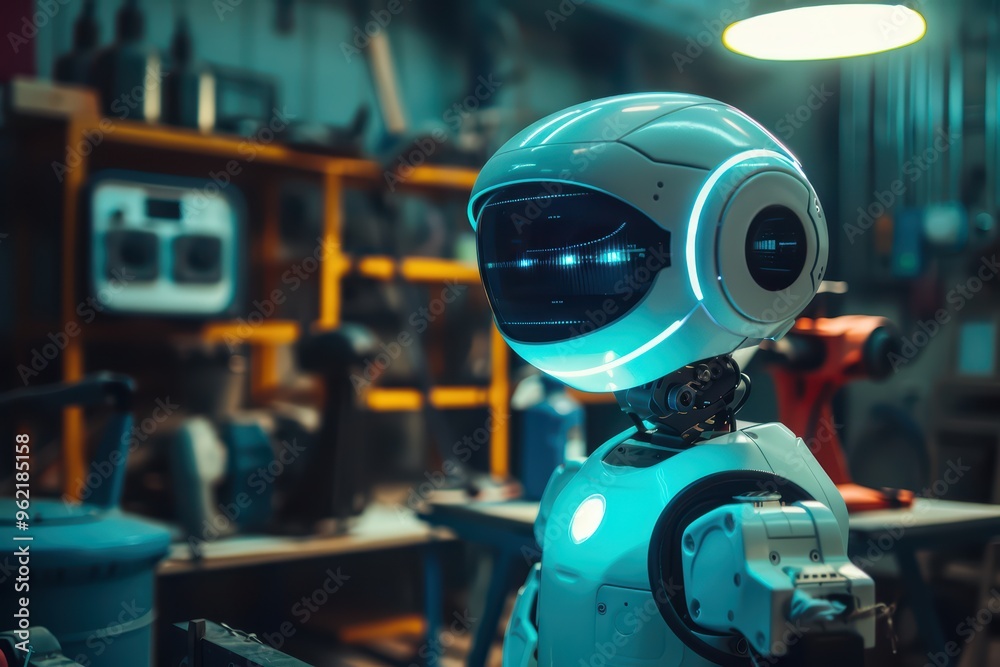 A futuristic robot stands in a workshop, showcasing advanced technology and design. Ideal for themes of innovation and robotics. A futuristic robot stands in a workshop, showcasing advanced technology and design. Ideal for themes of innovation and robotics.