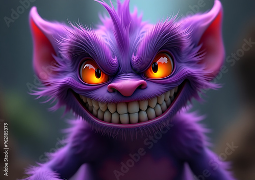 Grinning Purple Monster with Fiery Eyes: A Playful and Menacing Creature Portrait