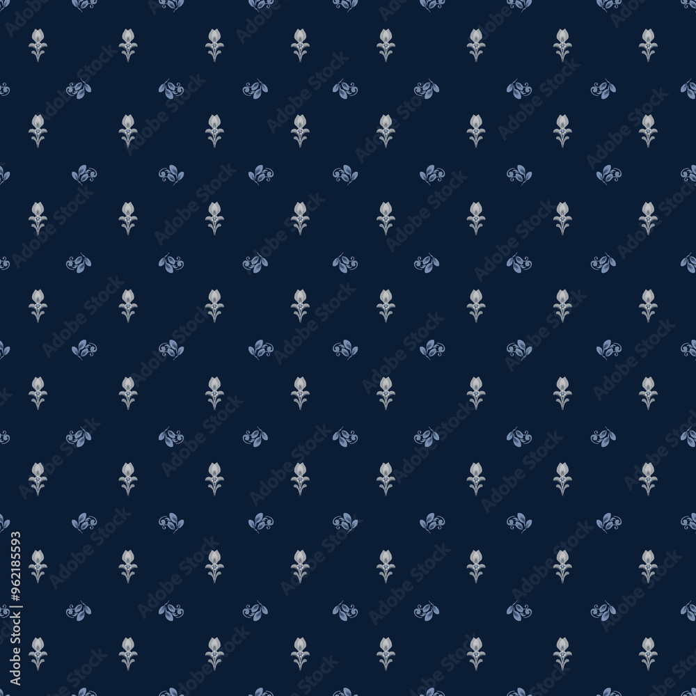Blue delicate petals on a seamless pattern. Stylized pattern of small flowers and leaves in traditional style, isolated on a dark background. Watercolor illustration in digital. Leaves in folk style Blue delicate petals on a seamless pattern. Stylized pattern of small flowers and leaves in traditional style, isolated on a dark background. Watercolor illustration in digital. Leaves in folk style