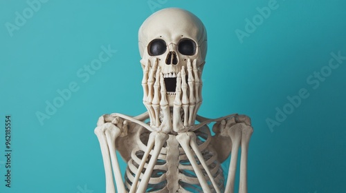 A human skeleton with its hands on its face appears surprised or amazed, set against a vivid blue backdrop